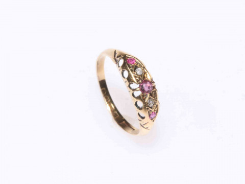 18 carat gold, ruby and diamond ring, size P.