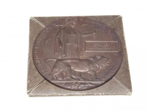 WWI death plaque/death penny awarded to Stanley Arthur Shaw together with...