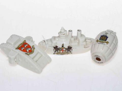 Three pieces WWI military crested china including Mills bomb.