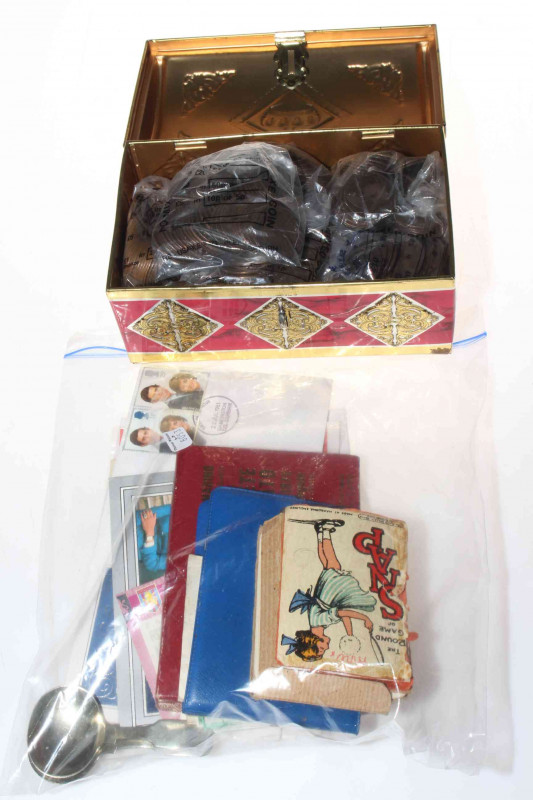 Collection of pre 1947 silver and other Worldwide coinage together with banknotes including a Bank of England One Pound Peppiatt 1940, Chad Valley snap card game, etc.
