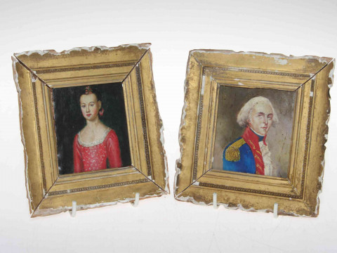 Pair portrait miniatures of Lord Nelson and Lady Hamilton in gilt frames,...