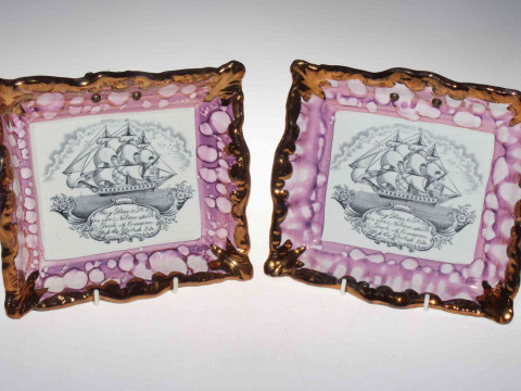Pair of Dixon Sunderland lustre plaques with sailing ship and verse, 21.5cm...
