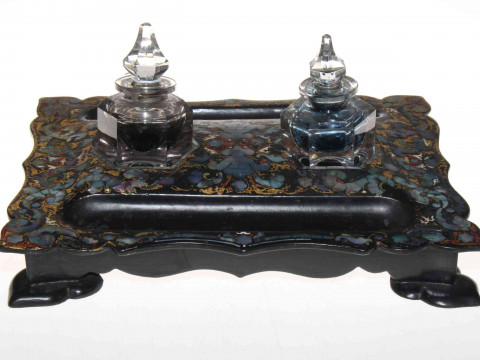Victorian papier mache inkstand with mother of pearl inlay and two hexagonal...