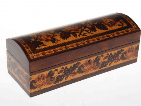 Domed Tunbridge Ware glove box with manufacturers label to base.
