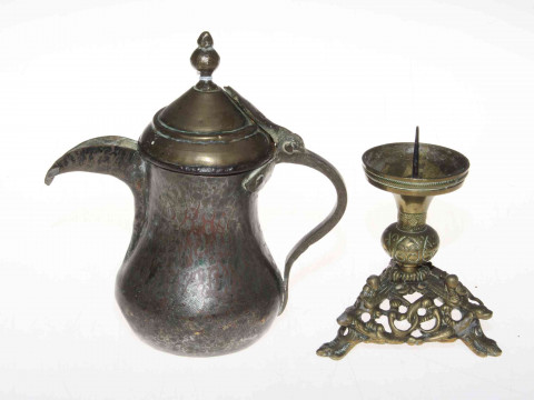 Antique candle prick stick with dragon and a Persian coffee pot (2).