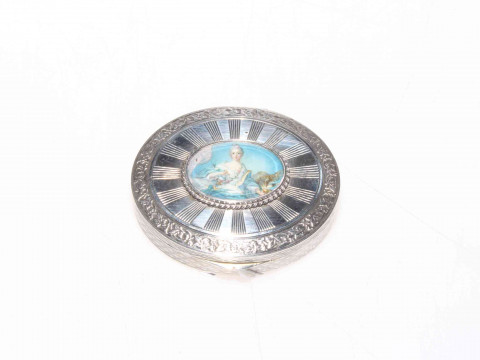 Continental silver snuff box of oval form with inset miniature of a lady,...
