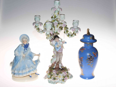 Sitzendorf five branch figure candelabrum, 44cm, together with Art Deco...