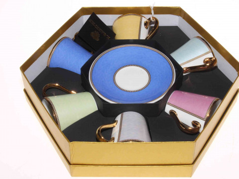 Faberge harlequin set of six coffee cups and saucers, boxed.