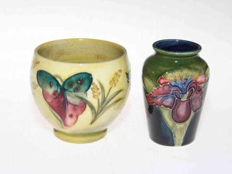 Moorcroft vase with arum lily on yellow ground, 8.5cm, together with small...