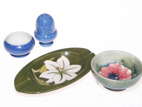 Three small pieces of Moorcroft, anemone bowl, cruet and ashtray.