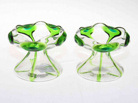 Pair Stuart & Sons Peacock glass vases, 9.5cm high, 11cm diameter.