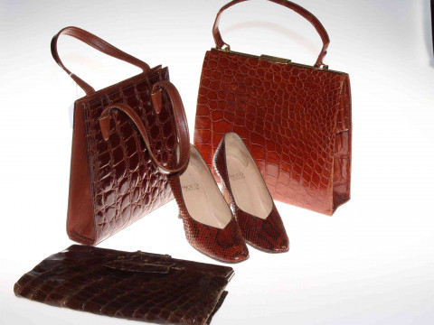 Pair Italian snake skin ladies shoes, size 3, and three vintage alligator/crocodile...