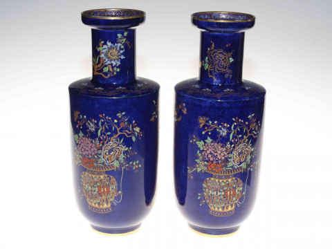 Pair Carlton Ware vases with enamel and gilt on blue ground, 31cm.