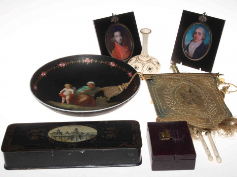 Two pennants, pair of portrait miniature prints, glove box, decorative...