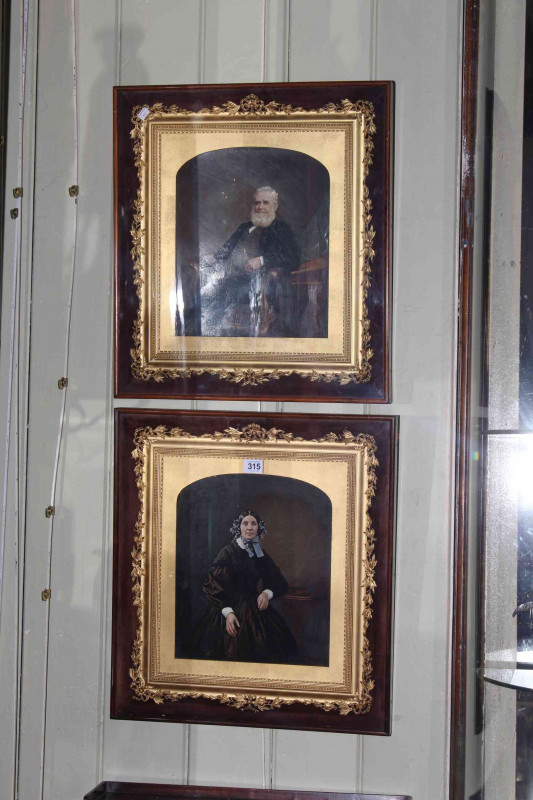 Pair Victorian portrait images in delicate fancy gilt frames and glazed mahogany outer cases, overall 51cm by 46cm.