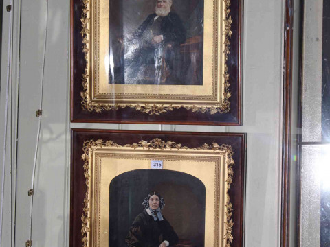 Pair Victorian portrait images in delicate fancy gilt frames and glazed...