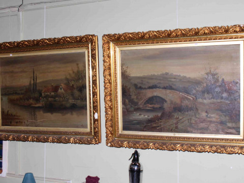 Pair Victorian gilt framed oils on canvas of lone figures in rural river...