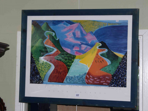 David Hockney print of landscape, signed with message, framed overall,...