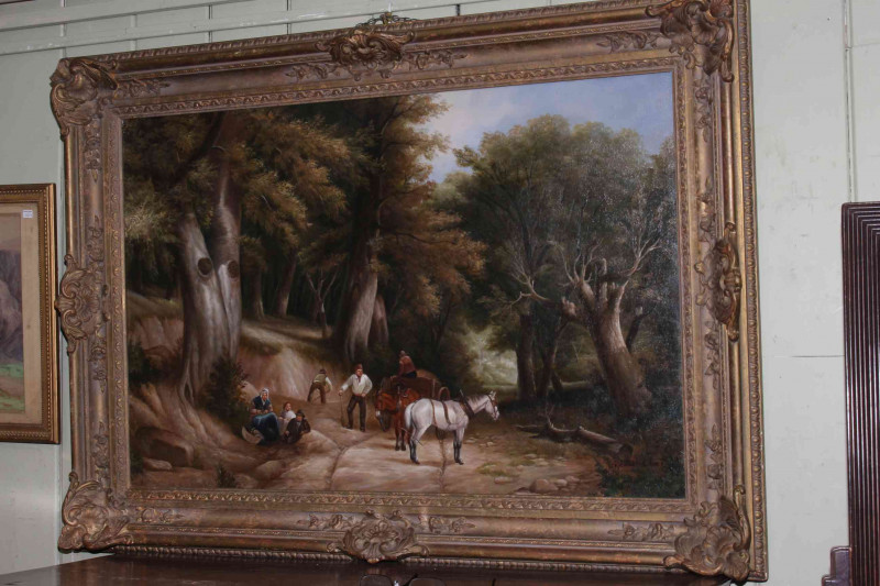 Modern large gilt framed oil on canvas depicting 19th Century scene of figures in woodland, overall 80cm by 110cm.