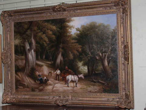 Modern large gilt framed oil on canvas depicting 19th Century scene of...