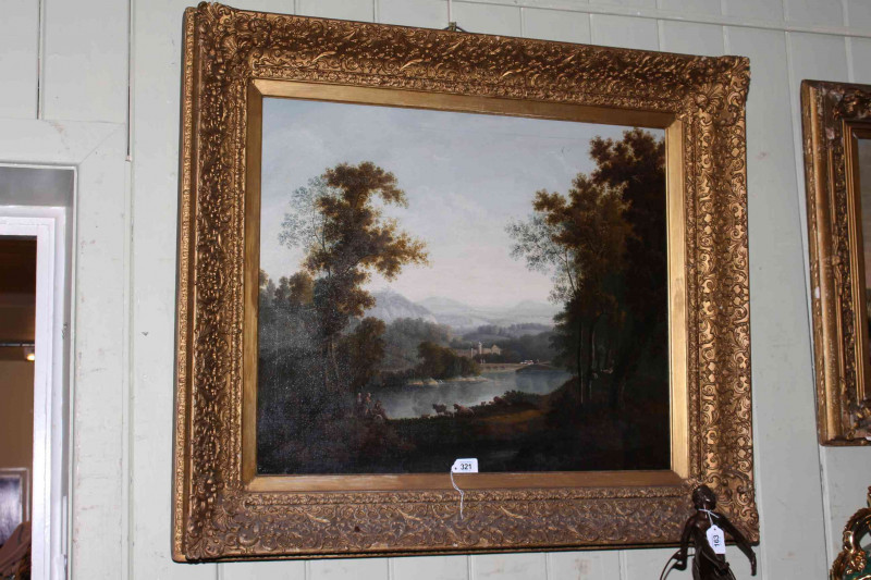 Large 19th Century oil on canvas, Continental rural scene with figures and animals in extensive landscape, 64cm by 76cm, gilt frame.