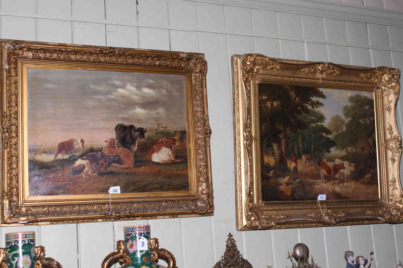 Two Victorian gilt framed oils on canvas depicting cattle in landscape and woodland, each approximately 70/75cm by 90cm.