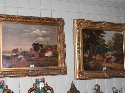 Two Victorian gilt framed oils on canvas depicting cattle in landscape...