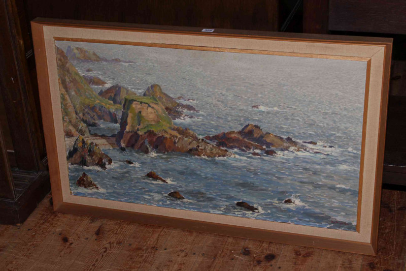 Roy Stringfellow, Seascape, oil on panel, signed lower right, 52cm by 92cm, framed, and pair signed Cornish pastels (3).