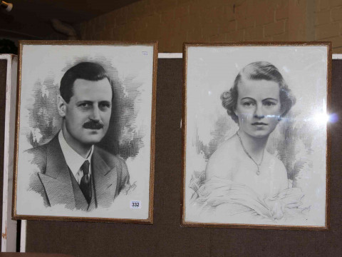Pair of 1920's charcoal portraits of distinguished subjects, signed and...