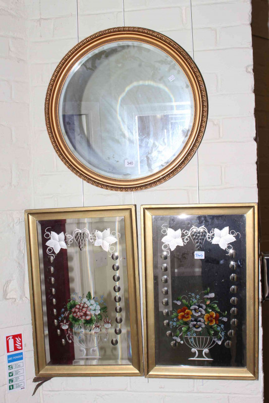 Circular gilt framed bevelled wall mirror and pair etched mirrors.