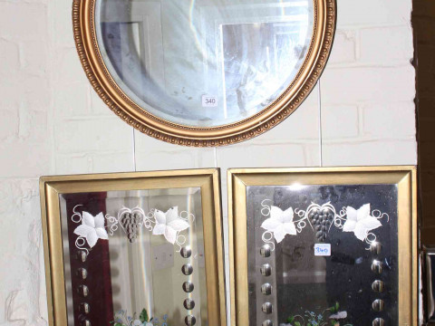 Circular gilt framed bevelled wall mirror and pair etched mirrors.