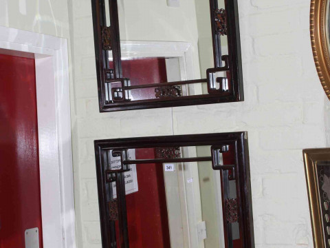 Pair Chinese hardwood framed wall mirrors, 74.5cm by 56cm.
