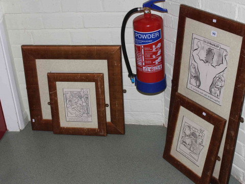 Set of five humorous pencil prints in four frames.
