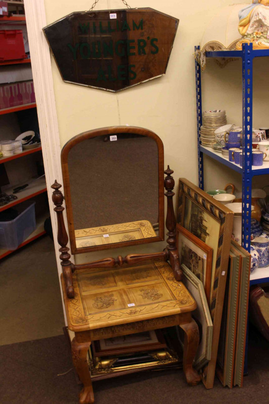 Victorian mahogany toilet mirror, carved coffee table, collection of pictures and mirror.
