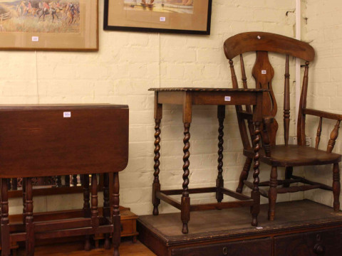 Victorian farmhouse style armchair, oak barley twist occasional table,...