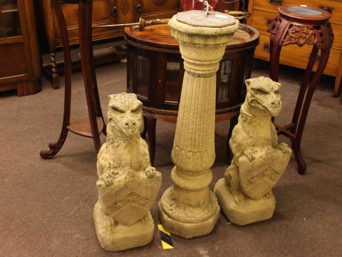 Pair concrete armorial garden griffins, 74cm tall and concrete pedestal...