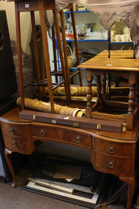 Oak turned leg stool, inlaid mahogany plant stand, Persian design prayer rug, cased snooker cue and collection of pictures.
