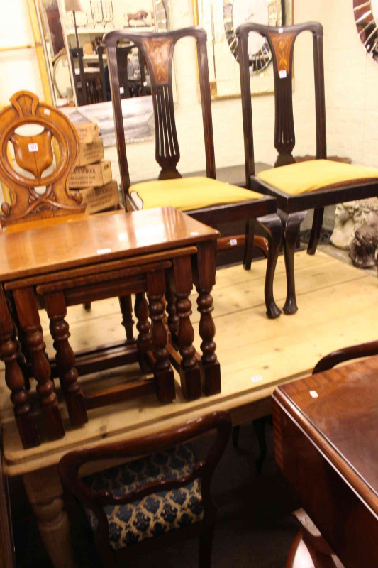 Stripped pine farmhouse style kitchen table, set of four Victorian mahogany balloon back parlour chairs and pair inlaid dining chairs (7).