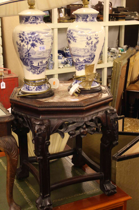 Chinese Padouk and marble inset octagonal jardiniere stand 44cm by 46cm and pair Wedgwood blue landscape table lamps and shades (3).