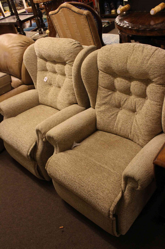 Pair Sherborne light buttoned fabric wing armchairs, one an electric recliner.