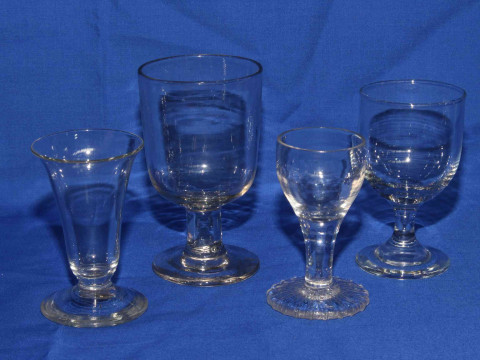 Collection of eight antique glasses including two cotton and air twist stems. thumbnail