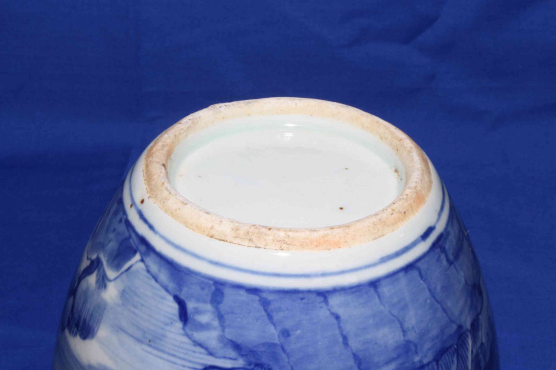 Chinese blue and white ginger jar decorated with boats and houses in coastal scene, 14cm.