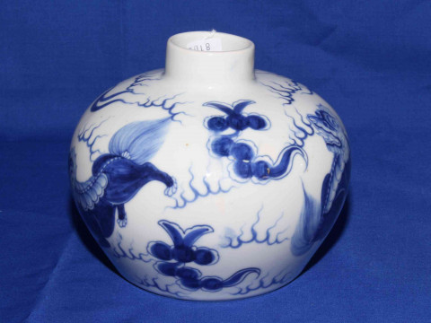 Chinese Republic blue and white vase, decorate with playful Fo Dogs, 12cm. thumbnail