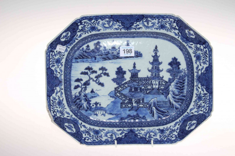 Collection of four antique Chinese blue and white plates and dishes, serving plate 35cm across.