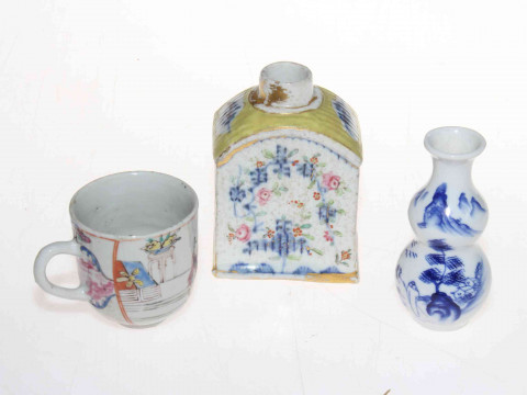 Collection of Chinese pieces comprising two prunus ginger jars, blue and white sauce boat, two jugs and vase, polychrome tea caddy and cup, pair cloisonne vases and two wood stands (12). thumbnail
