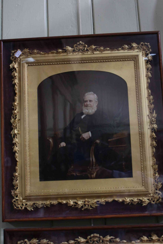 Pair Victorian portrait images in delicate fancy gilt frames and glazed mahogany outer cases, overall 51cm by 46cm.