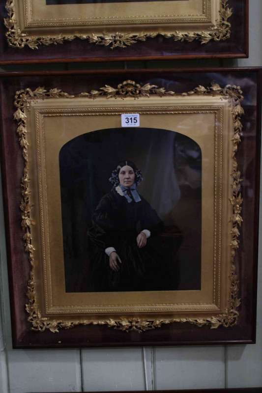 Pair Victorian portrait images in delicate fancy gilt frames and glazed mahogany outer cases, overall 51cm by 46cm.