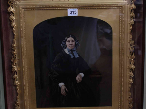 Pair Victorian portrait images in delicate fancy gilt frames and glazed mahogany outer cases, overall 51cm by 46cm. thumbnail