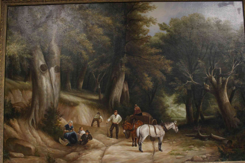Modern large gilt framed oil on canvas depicting 19th Century scene of figures in woodland, overall 80cm by 110cm.