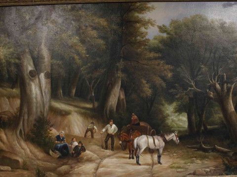 Modern large gilt framed oil on canvas depicting 19th Century scene of figures in woodland, overall 80cm by 110cm. thumbnail